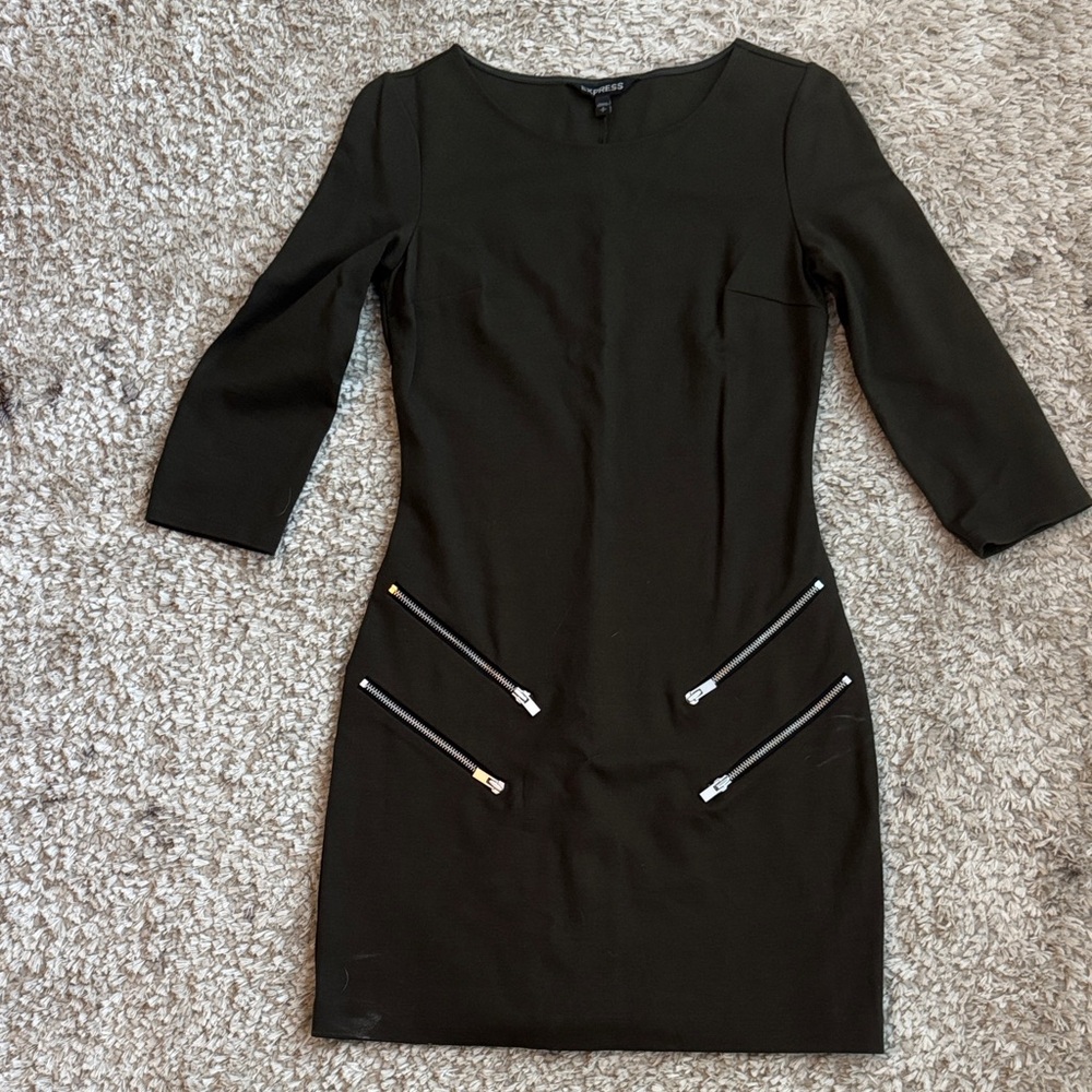 Express Olive Green Long Sleeve Dress with Zipper Details